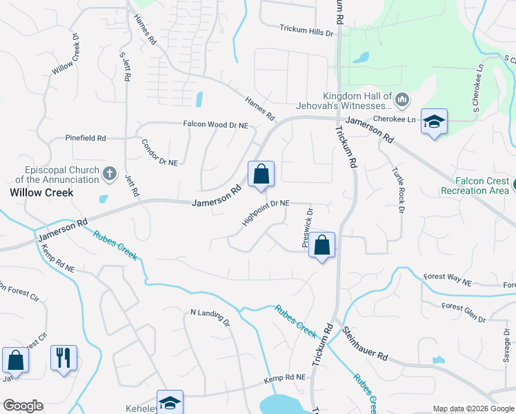 map of restaurants, bars, coffee shops, grocery stores, and more near 4825 Highpoint Drive Northeast in Marietta