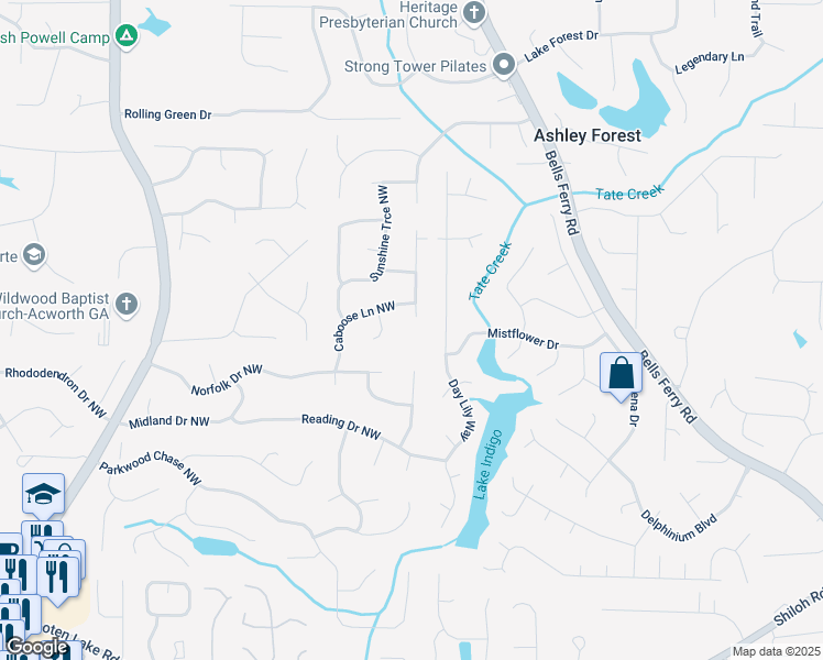map of restaurants, bars, coffee shops, grocery stores, and more near 826 Moonlit Lane Northwest in Acworth