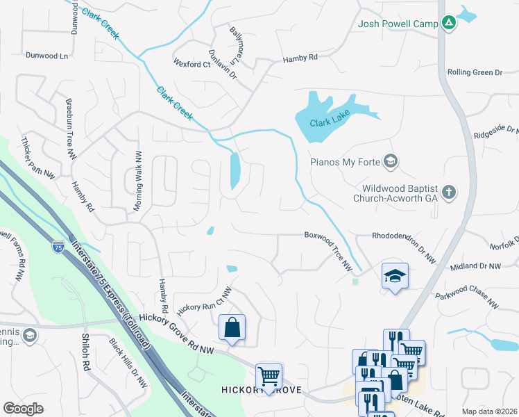 map of restaurants, bars, coffee shops, grocery stores, and more near 1810 Babbling Brook Northwest in Acworth