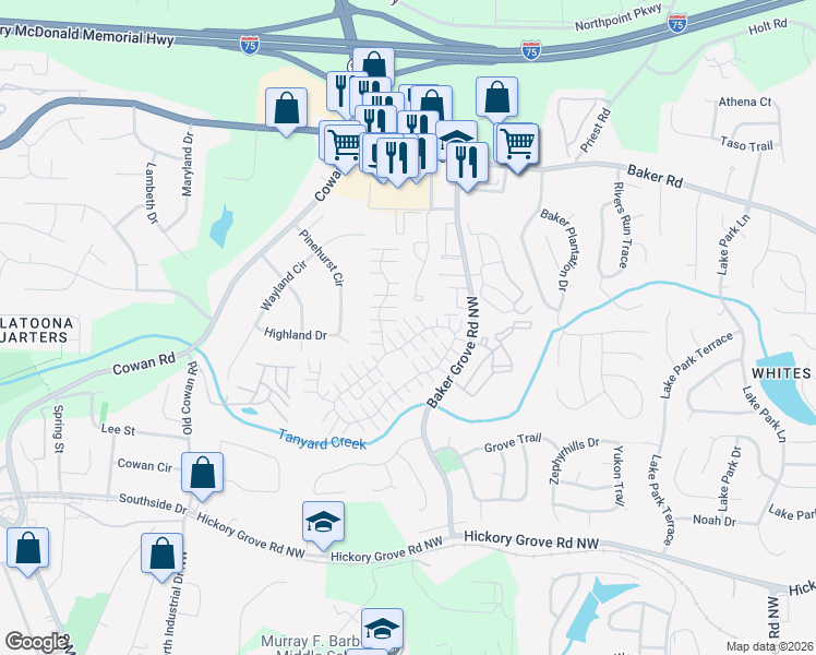map of restaurants, bars, coffee shops, grocery stores, and more near 824 Windcroft Circle Northwest in Acworth