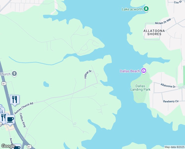 map of restaurants, bars, coffee shops, grocery stores, and more near 4770 Hilltop Drive Northwest in Acworth