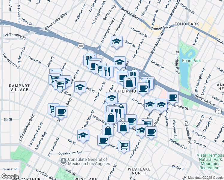 map of restaurants, bars, coffee shops, grocery stores, and more near 238 Rosemont Avenue in Los Angeles