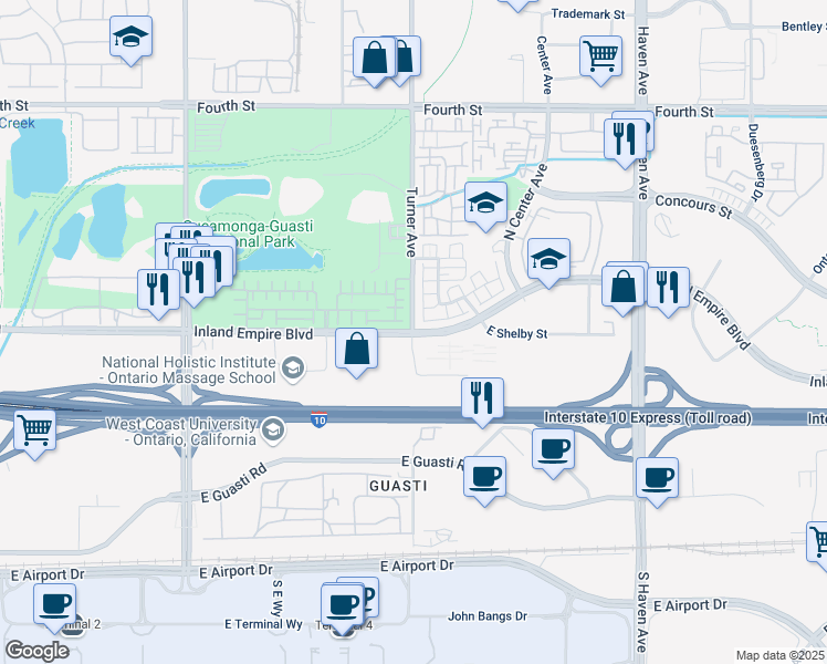 map of restaurants, bars, coffee shops, grocery stores, and more near Inland Empire Blvd & N Turner Ave in Ontario