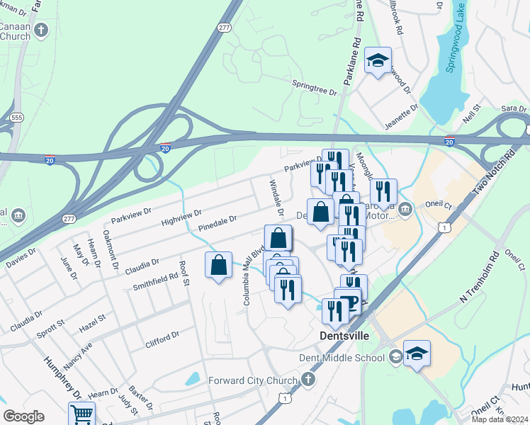 map of restaurants, bars, coffee shops, grocery stores, and more near 7540 Pinedale Drive in Columbia