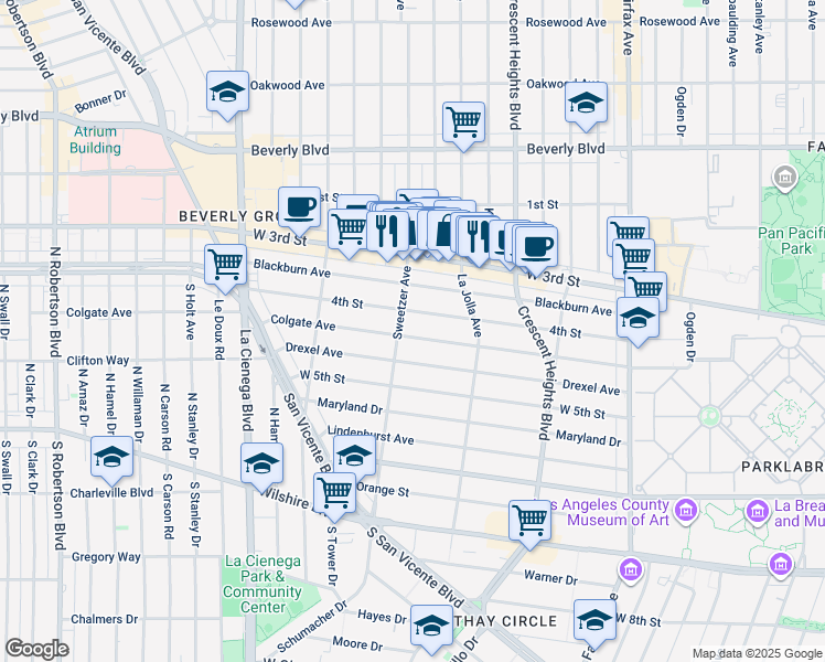 map of restaurants, bars, coffee shops, grocery stores, and more near 6571 Colgate Avenue in Los Angeles