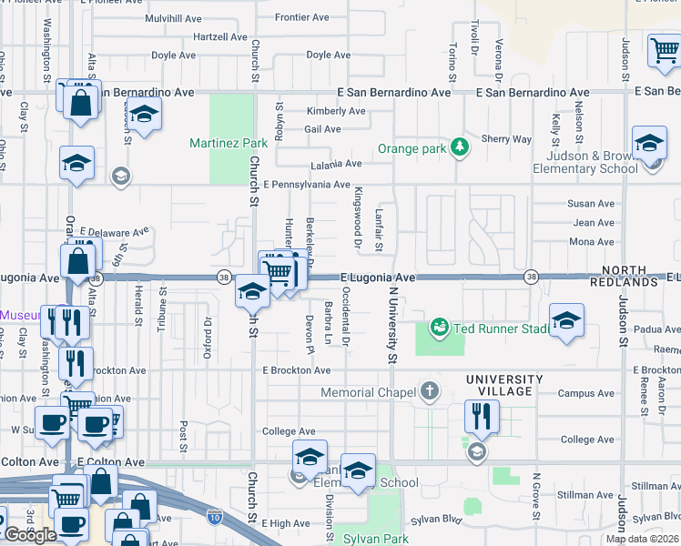 map of restaurants, bars, coffee shops, grocery stores, and more near 1259 Occidental Drive in Redlands