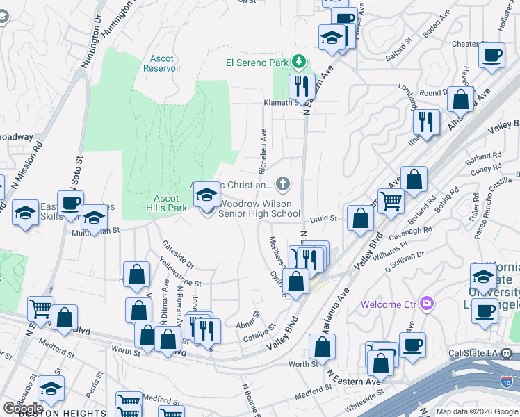 map of restaurants, bars, coffee shops, grocery stores, and more near 4700 Druid Street in Los Angeles
