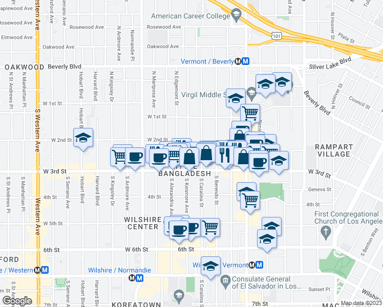 map of restaurants, bars, coffee shops, grocery stores, and more near in Los Angeles