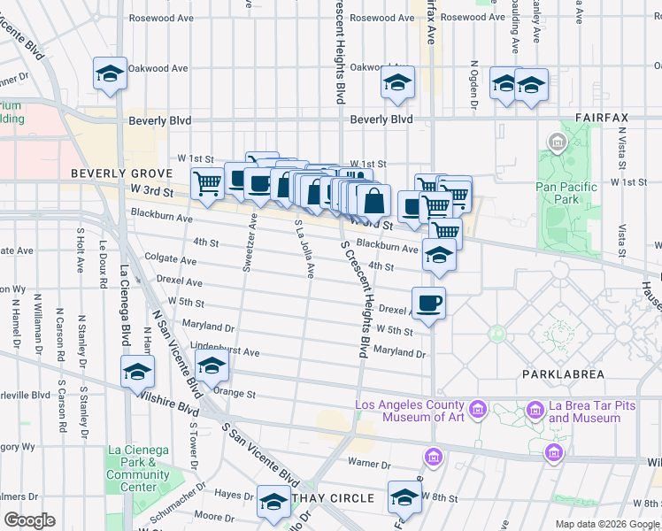 map of restaurants, bars, coffee shops, grocery stores, and more near 6454 Colgate Avenue in Los Angeles