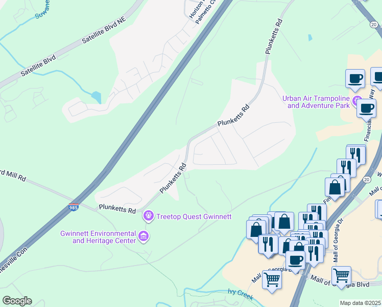 map of restaurants, bars, coffee shops, grocery stores, and more near 2989 Woodward Down Trail in Buford