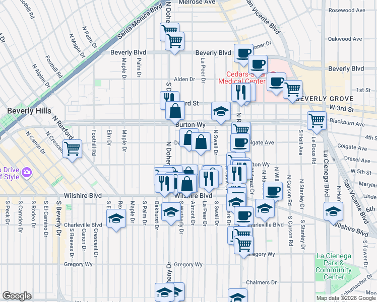 map of restaurants, bars, coffee shops, grocery stores, and more near 237 North Almont Drive in Beverly Hills
