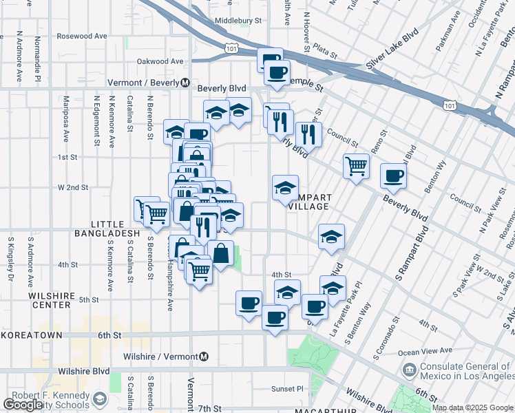 map of restaurants, bars, coffee shops, grocery stores, and more near 229 South Virgil Avenue in Los Angeles