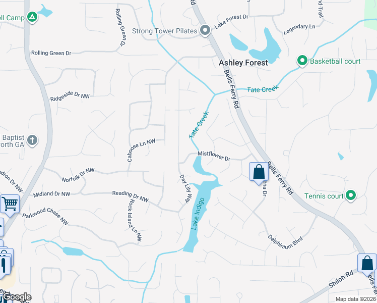 map of restaurants, bars, coffee shops, grocery stores, and more near 632 Mistflower Drive in Acworth
