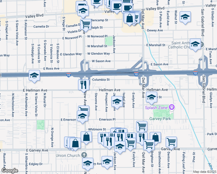 map of restaurants, bars, coffee shops, grocery stores, and more near 7559 Hellman Avenue in Rosemead