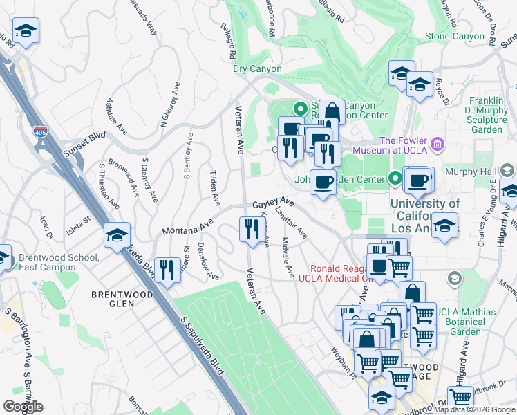 map of restaurants, bars, coffee shops, grocery stores, and more near 415 Gayley Avenue in Los Angeles