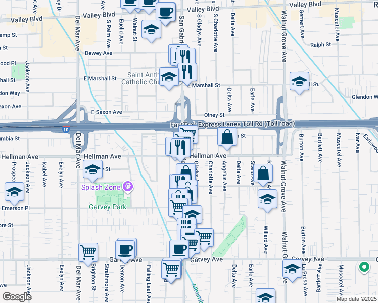 map of restaurants, bars, coffee shops, grocery stores, and more near 8205 Hellman Avenue in Rosemead