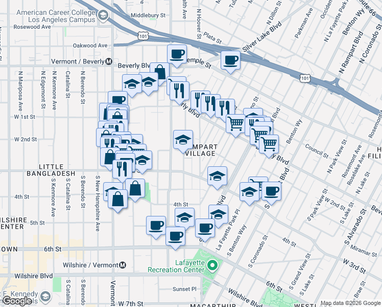 map of restaurants, bars, coffee shops, grocery stores, and more near 3220 West 2nd Street in Los Angeles