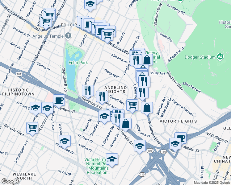 map of restaurants, bars, coffee shops, grocery stores, and more near 1329 Carroll Avenue in Los Angeles