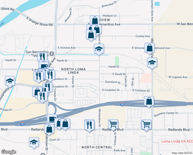 map of restaurants, bars, coffee shops, grocery stores, and more near 1584 East Davidson Street in San Bernardino