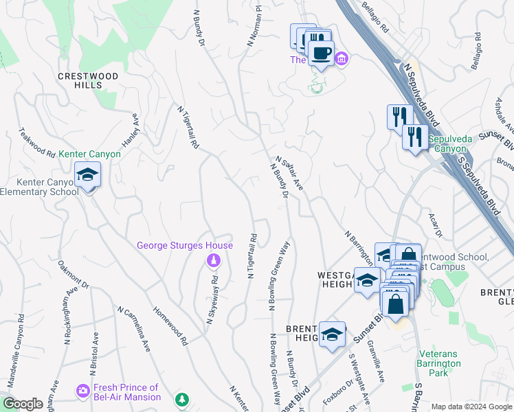 map of restaurants, bars, coffee shops, grocery stores, and more near 560 North Tigertail Road in Los Angeles