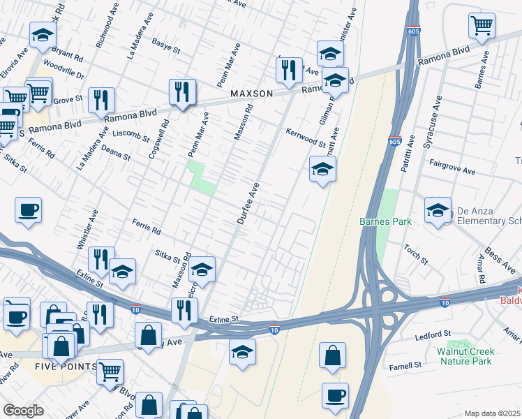 map of restaurants, bars, coffee shops, grocery stores, and more near 3730 Durfee Avenue in El Monte