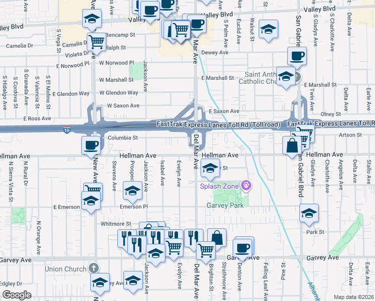 map of restaurants, bars, coffee shops, grocery stores, and more near 3351 Evelyn Avenue in Rosemead