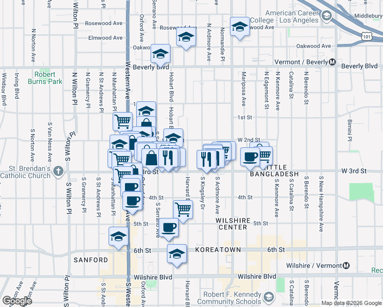 map of restaurants, bars, coffee shops, grocery stores, and more near in Los Angeles