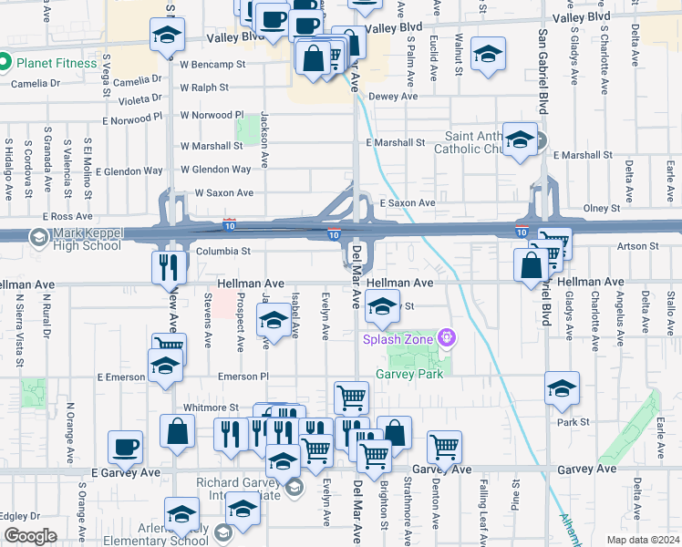 map of restaurants, bars, coffee shops, grocery stores, and more near 7763 Hellman Avenue in Rosemead