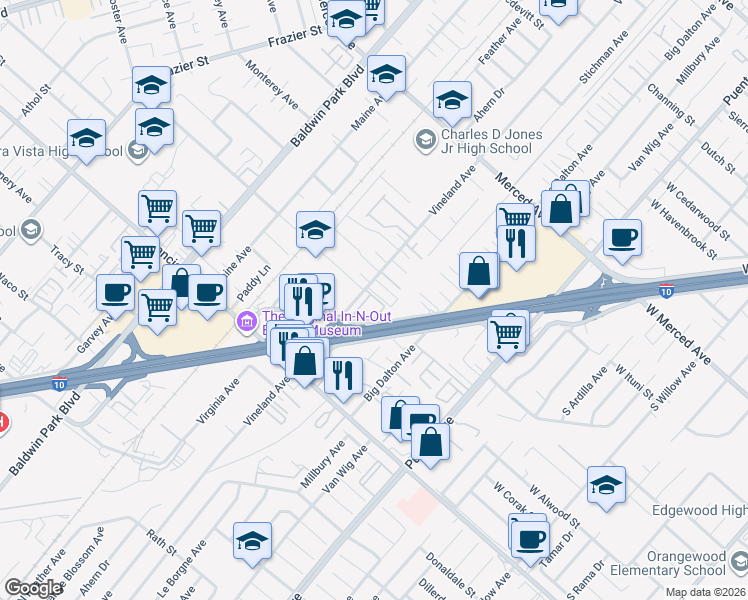 map of restaurants, bars, coffee shops, grocery stores, and more near 3050 Vineland Avenue in Baldwin Park