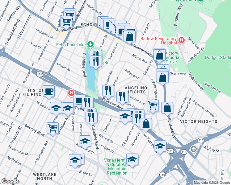 map of restaurants, bars, coffee shops, grocery stores, and more near 1132 West Edgeware Road in Los Angeles