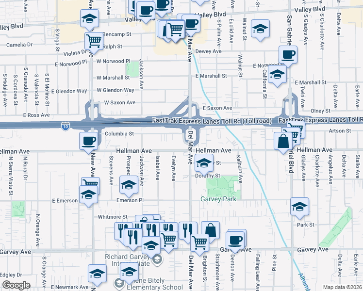 map of restaurants, bars, coffee shops, grocery stores, and more near 7763 Hellman Avenue in Rosemead