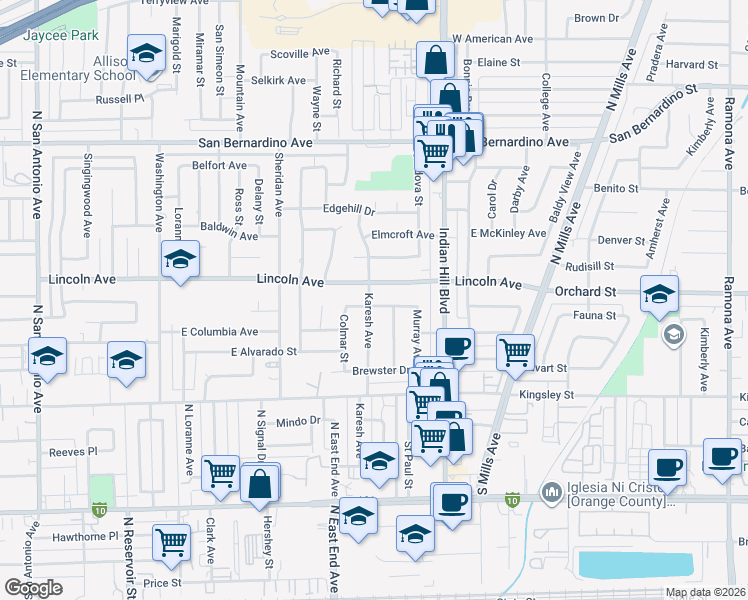 map of restaurants, bars, coffee shops, grocery stores, and more near 1365 Lincoln Avenue in Pomona