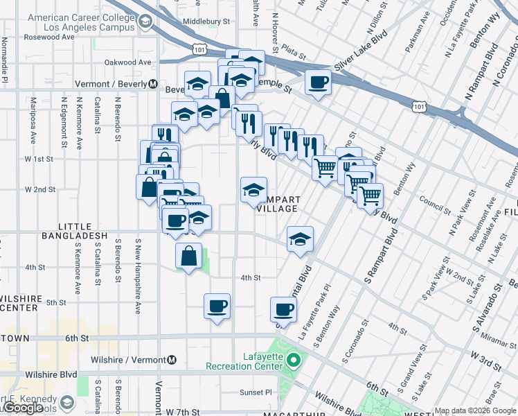 map of restaurants, bars, coffee shops, grocery stores, and more near 182 South Commonwealth Avenue in Los Angeles