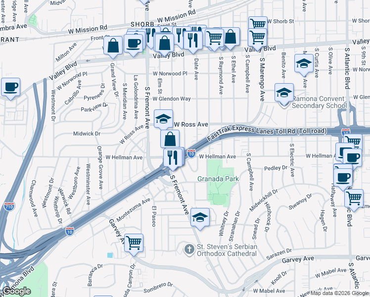 map of restaurants, bars, coffee shops, grocery stores, and more near 1918 Edgewood Drive in Alhambra