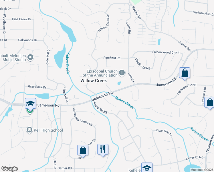 map of restaurants, bars, coffee shops, grocery stores, and more near Sydney Lane in Marietta