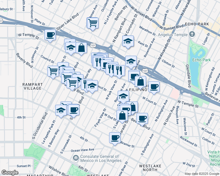 map of restaurants, bars, coffee shops, grocery stores, and more near 234 1/2 North Carondelet Street in Los Angeles