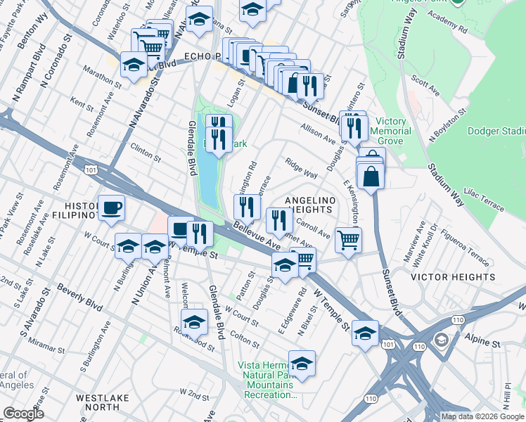 map of restaurants, bars, coffee shops, grocery stores, and more near 1132 West Edgeware Road in Los Angeles