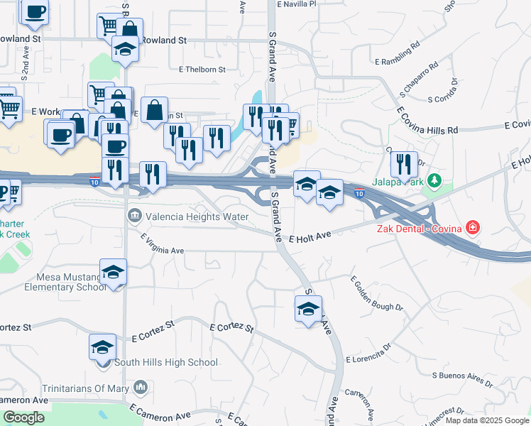 map of restaurants, bars, coffee shops, grocery stores, and more near 3345 East Springcreek Drive in West Covina