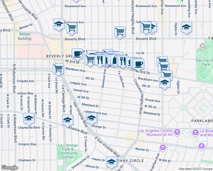 map of restaurants, bars, coffee shops, grocery stores, and more near 6571 Colgate Avenue in Los Angeles