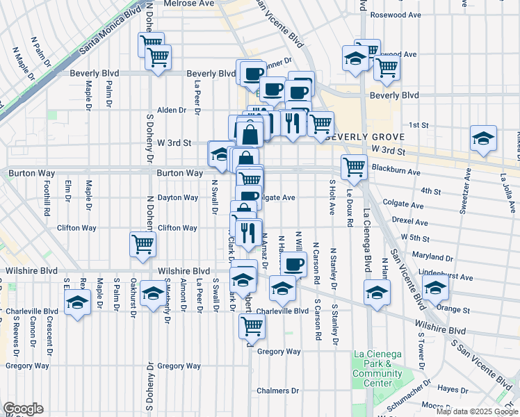 map of restaurants, bars, coffee shops, grocery stores, and more near 435 Arnaz Drive in Los Angeles