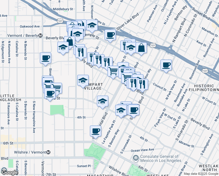 map of restaurants, bars, coffee shops, grocery stores, and more near 140 South Reno Street in Los Angeles