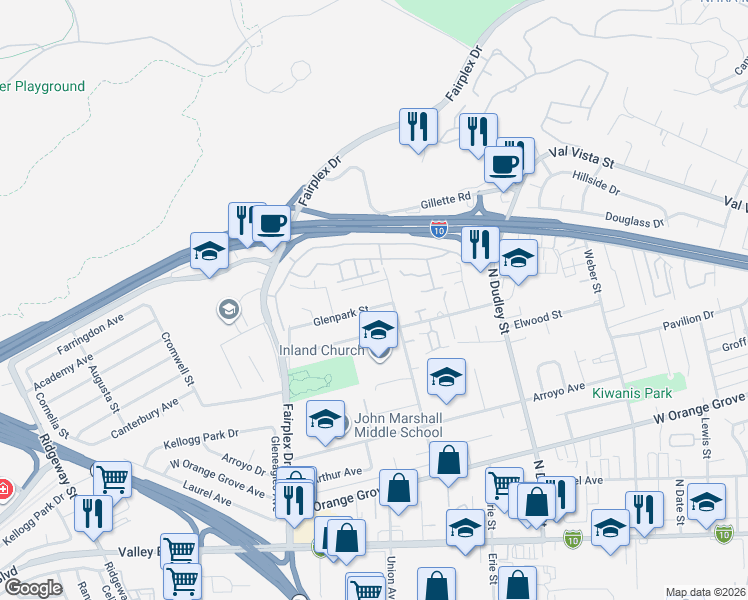 map of restaurants, bars, coffee shops, grocery stores, and more near 1750 Terrace Lane in Pomona
