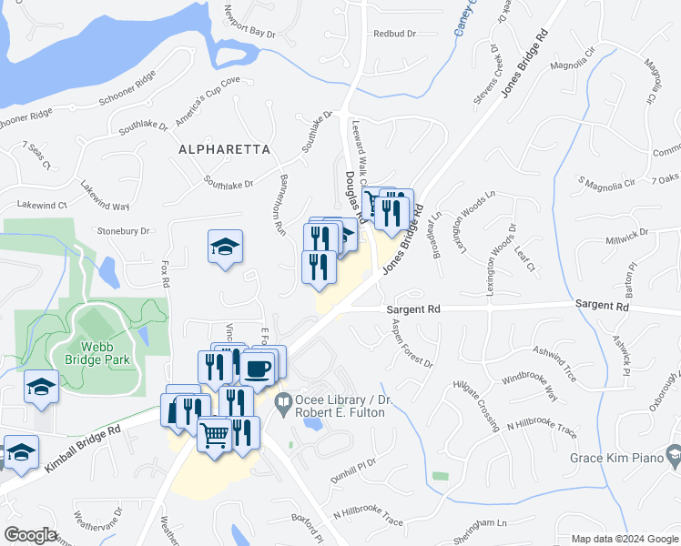 map of restaurants, bars, coffee shops, grocery stores, and more near 11877 Douglas Road in Johns Creek