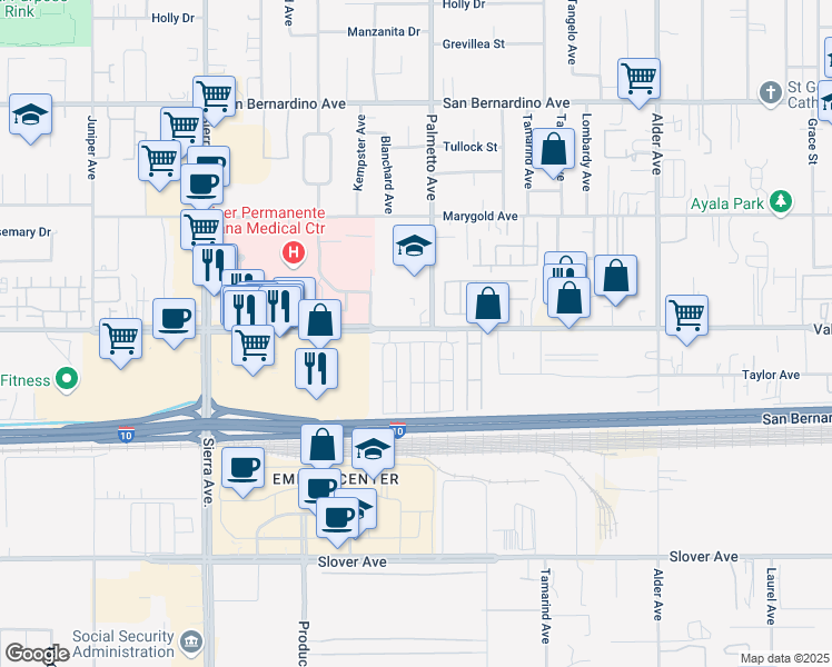 map of restaurants, bars, coffee shops, grocery stores, and more near 17225 Valley Boulevard in Fontana