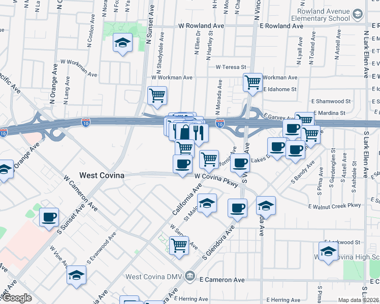 map of restaurants, bars, coffee shops, grocery stores, and more near 112 Plaza Drive in West Covina