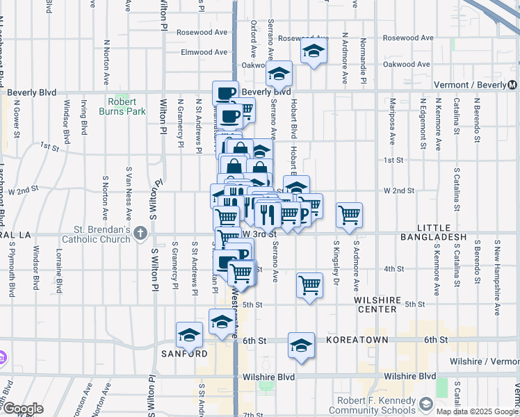 map of restaurants, bars, coffee shops, grocery stores, and more near 201 South Oxford Avenue in Los Angeles