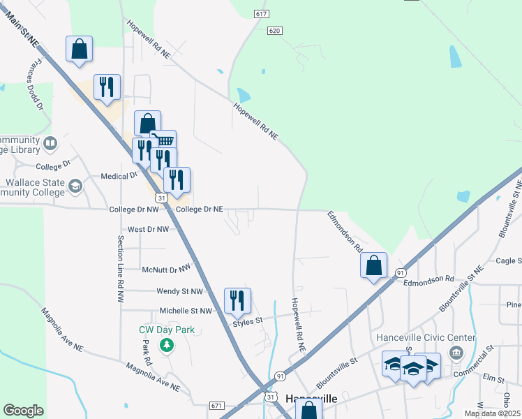 map of restaurants, bars, coffee shops, grocery stores, and more near 315 College Drive Northeast in Hanceville