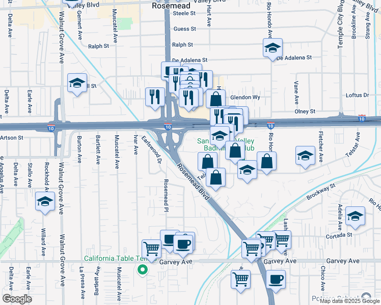 map of restaurants, bars, coffee shops, grocery stores, and more near 3440 Flair Drive in El Monte