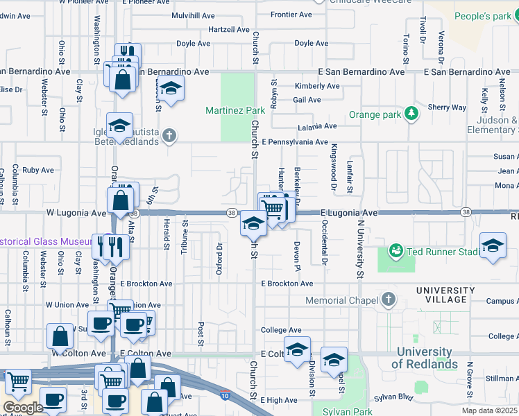 map of restaurants, bars, coffee shops, grocery stores, and more near 803 East Lugonia Avenue in Redlands