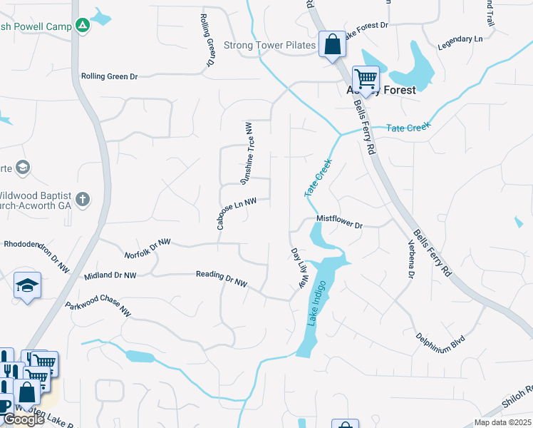 map of restaurants, bars, coffee shops, grocery stores, and more near 826 Moonlit Lane Northwest in Acworth